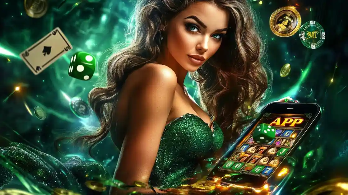 An enchanting woman with flowing hair, adorned in green, gazes captivatingly, surrounded by floating cards, dice, and coins, alongside a smartphone featuring the pjok gaming app.