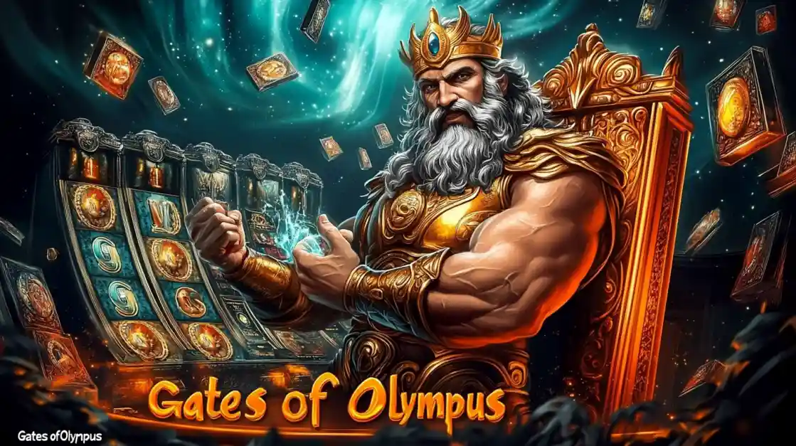 A majestic Zeus figure on a golden throne, surrounded by floating cards and a pjok slot machine, with Gates of Olympus prominently displayed, inviting players to a mythical gaming experience.