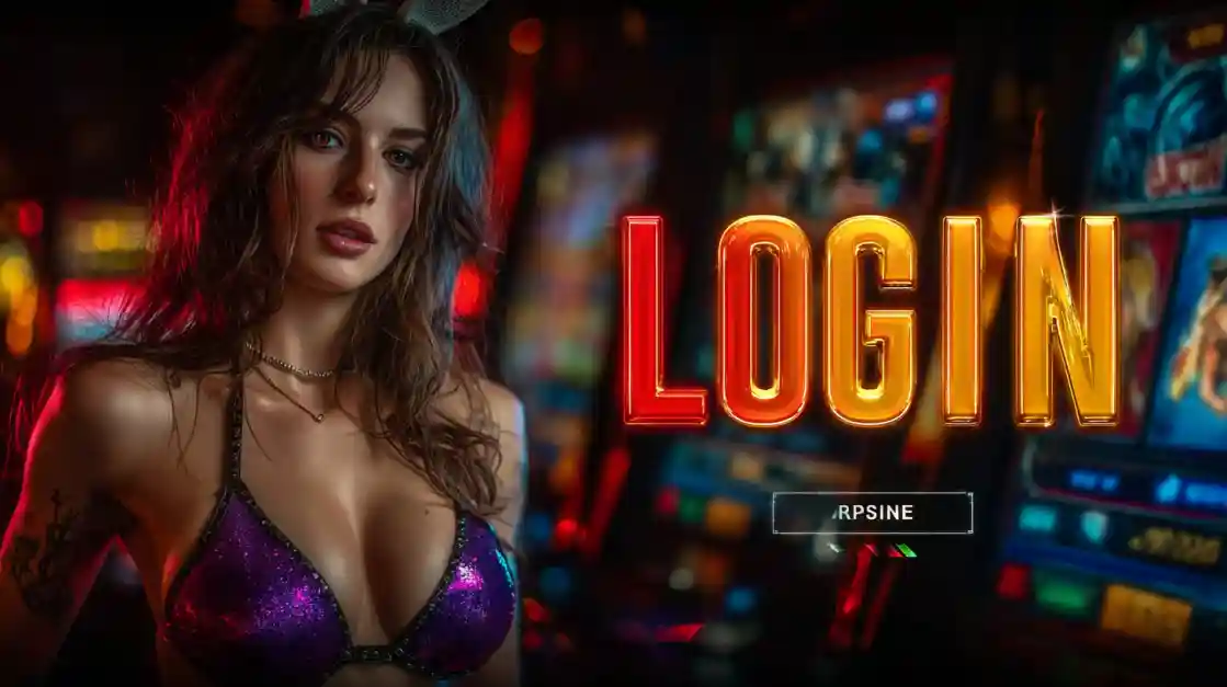 A captivating woman in a shimmering top stands beside a prominent LOGIN interface, with pjok slot machines softly blurred in the background, inviting users to enter the world of pjok.