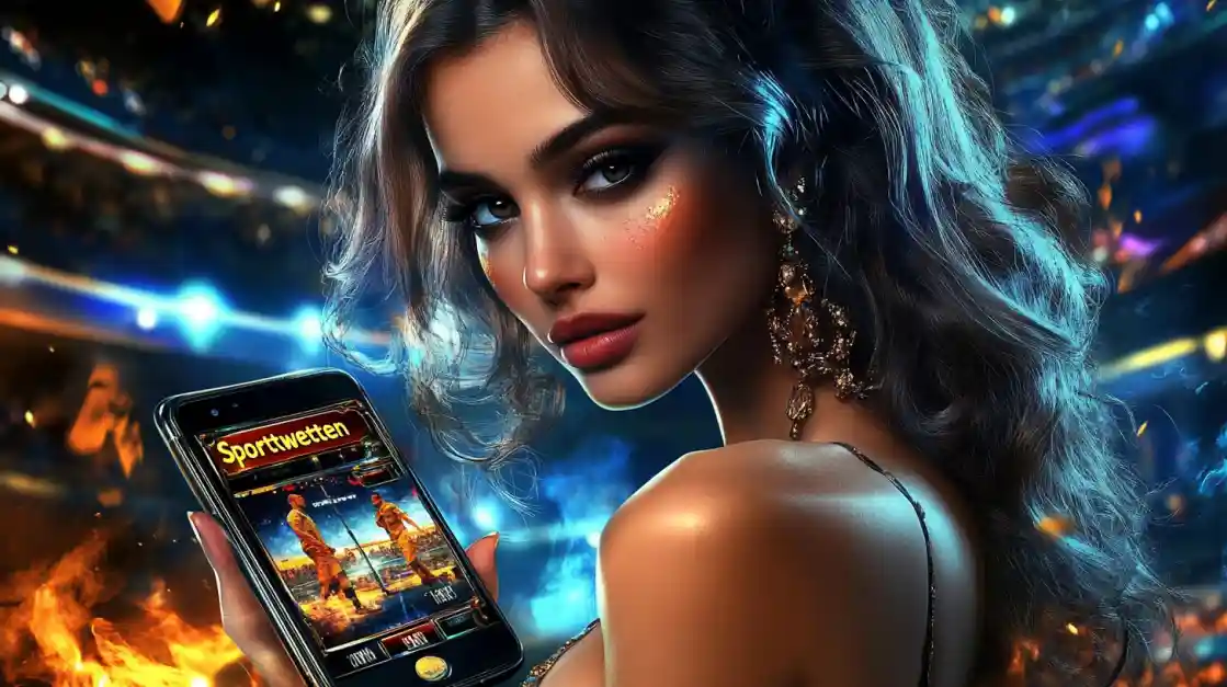 A glamorous woman with elegant makeup looks over her shoulder, holding a smartphone displaying the pjok sports betting app against a vibrant stadium backdrop with fire effects.